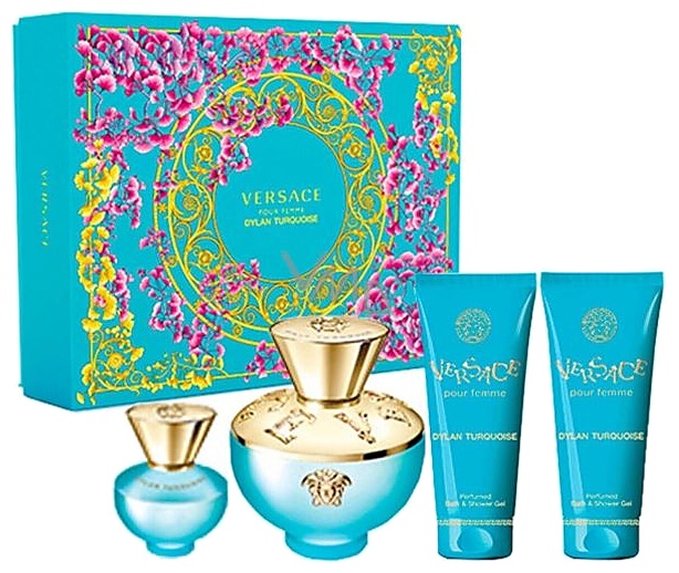 SET VERSACE DYLAN TURQUOISE EDP 100ML + 5ML + CREMA + GEL DE BAÑO DAMA